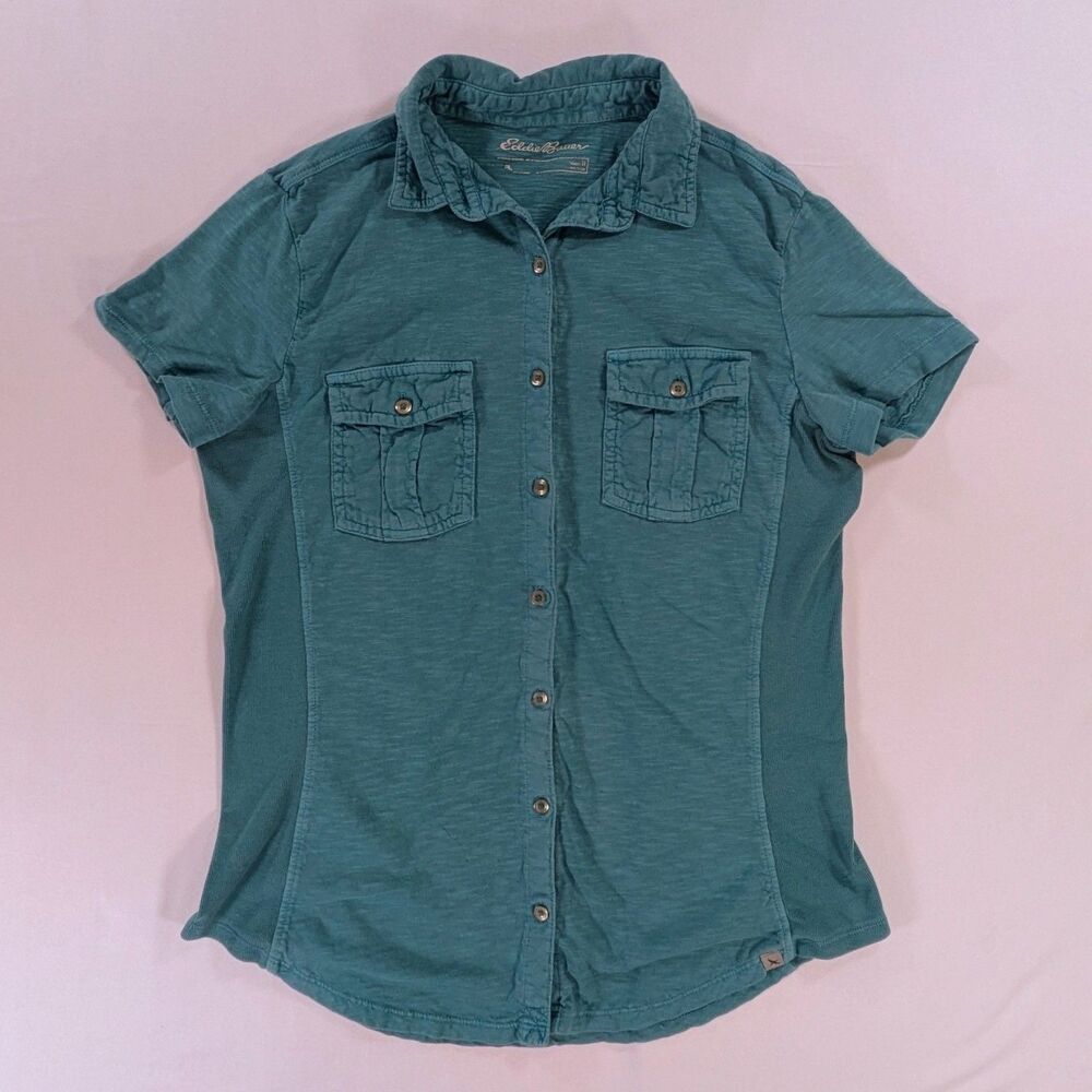 Women’s Eddie Bauer Button Front Double Chest Pocket Shirt Sleeve Shirt Teal